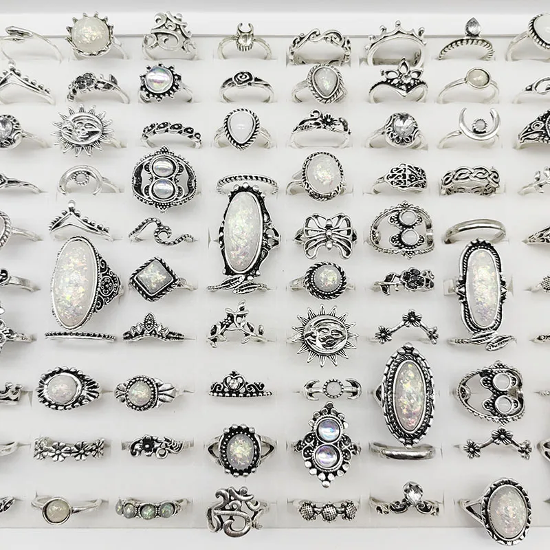 50pcs/Lot Wholesale Hot Big Fake Opal Carved Finger Rings for Women Party Beauty Crystal Flower Moon Sun Skull Crown Bar Jewelry