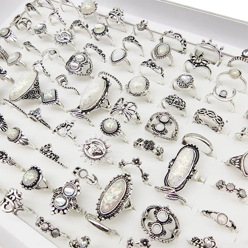 50pcs/Lot Wholesale Hot Big Fake Opal Carved Finger Rings for Women Party Beauty Crystal Flower Moon Sun Skull Crown Bar Jewelry