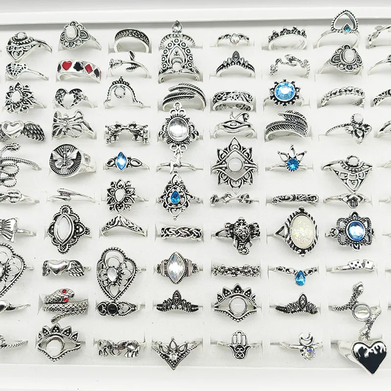 50pcs/Lot Wholesale Hot Big Fake Opal Carved Finger Rings for Women Party Beauty Crystal Flower Moon Sun Skull Crown Bar Jewelry