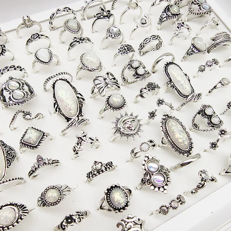 50pcs/Lot Wholesale Hot Big Fake Opal Carved Finger Rings for Women Party Beauty Crystal Flower Moon Sun Skull Crown Bar Jewelry