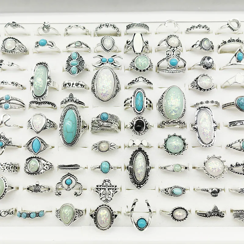 50pcs/Lot Wholesale Hot Big Fake Opal Carved Finger Rings for Women Party Beauty Crystal Flower Moon Sun Skull Crown Bar Jewelry
