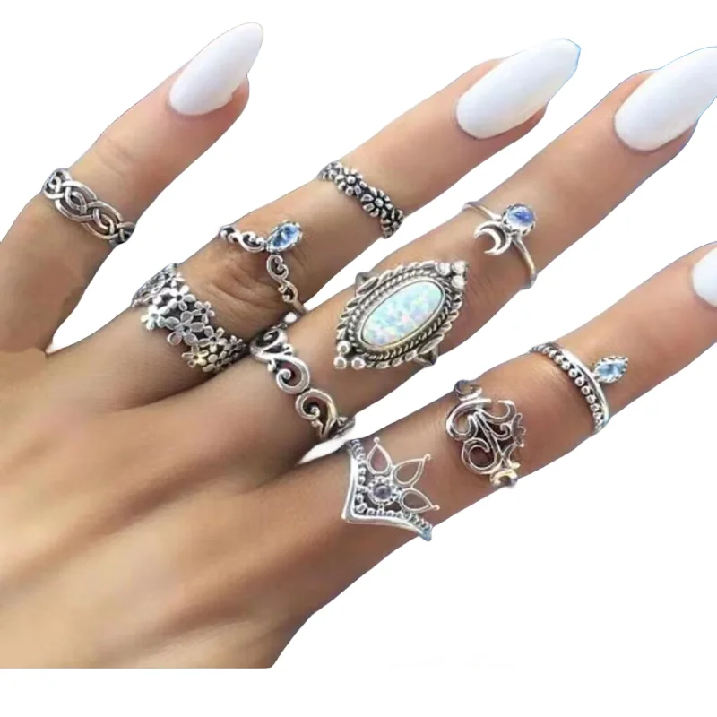 50pcs/Lot Wholesale Hot Big Fake Opal Carved Finger Rings for Women Party Beauty Crystal Flower Moon Sun Skull Crown Bar Jewelry