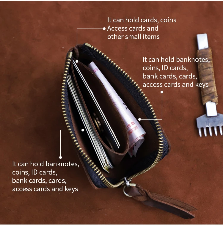 Men's Coin Purse Handmade Genuine Leather Card Wallet Credit Card Holder Retro Leather Card Slot Short Wallet With Zipper Women