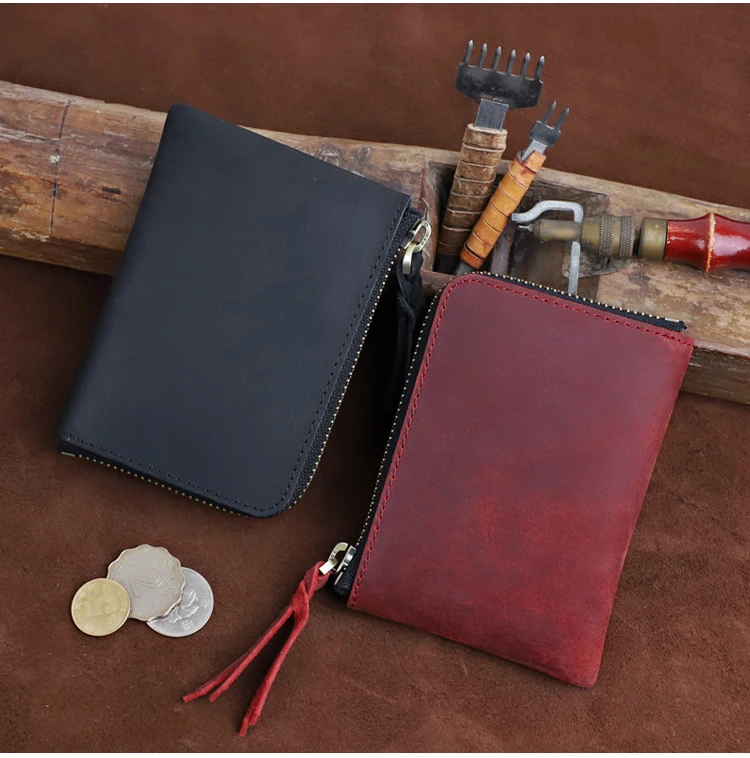 Men's Coin Purse Handmade Genuine Leather Card Wallet Credit Card Holder Retro Leather Card Slot Short Wallet With Zipper Women
