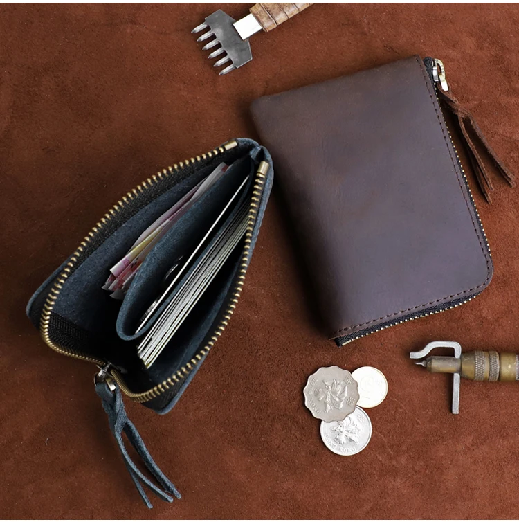 Men's Coin Purse Handmade Genuine Leather Card Wallet Credit Card Holder Retro Leather Card Slot Short Wallet With Zipper Women