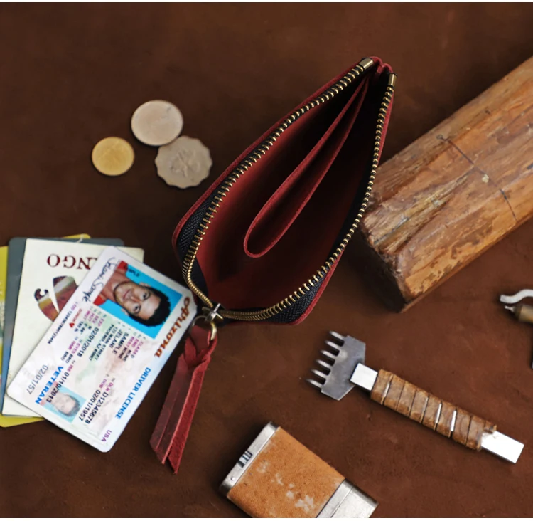Men's Coin Purse Handmade Genuine Leather Card Wallet Credit Card Holder Retro Leather Card Slot Short Wallet With Zipper Women