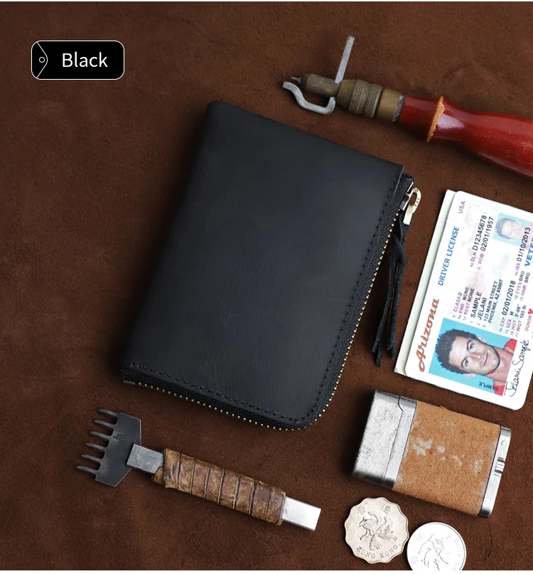 Men's Coin Purse Handmade Genuine Leather Card Wallet Credit Card Holder Retro Leather Card Slot Short Wallet With Zipper Women
