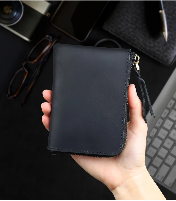 Men's Coin Purse Handmade Genuine Leather Card Wallet Credit Card Holder Retro Leather Card Slot Short Wallet With Zipper Women