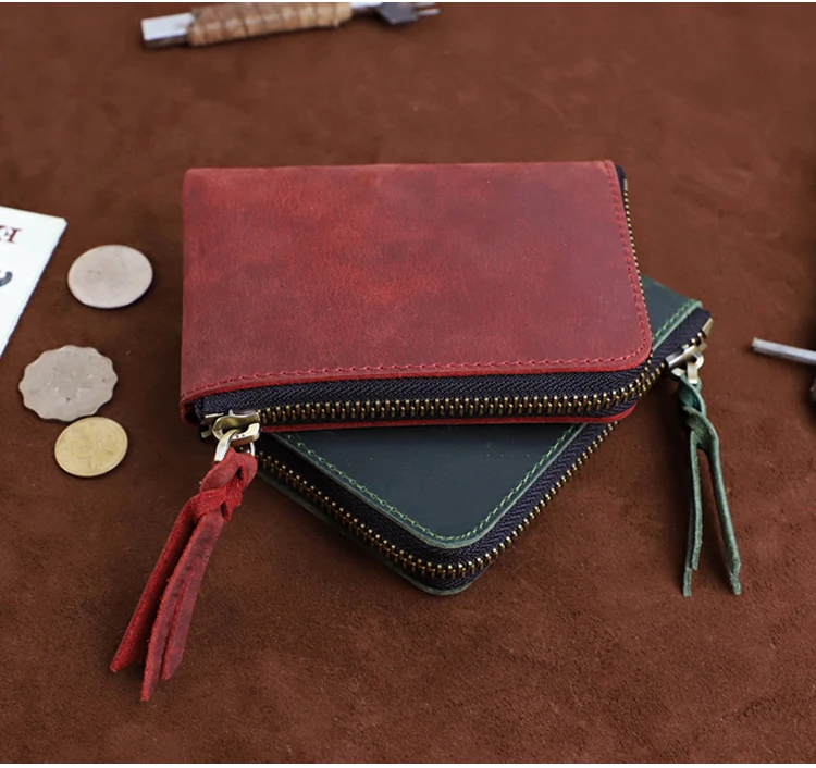Men's Coin Purse Handmade Genuine Leather Card Wallet Credit Card Holder Retro Leather Card Slot Short Wallet With Zipper Women