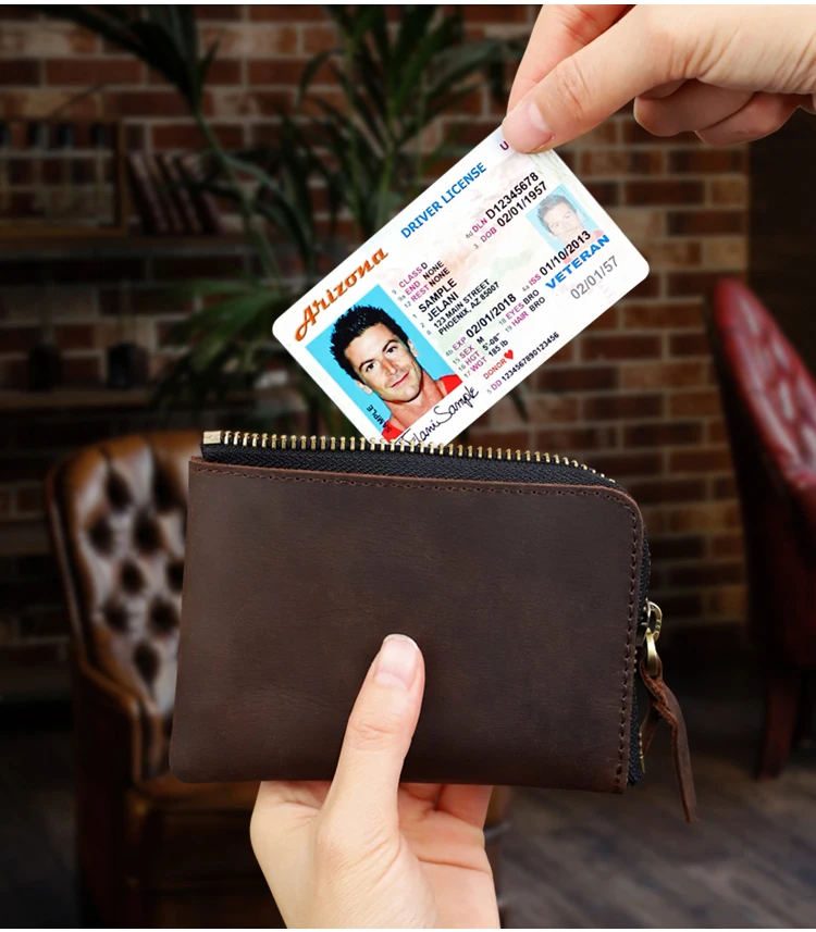 Men's Coin Purse Handmade Genuine Leather Card Wallet Credit Card Holder Retro Leather Card Slot Short Wallet With Zipper Women