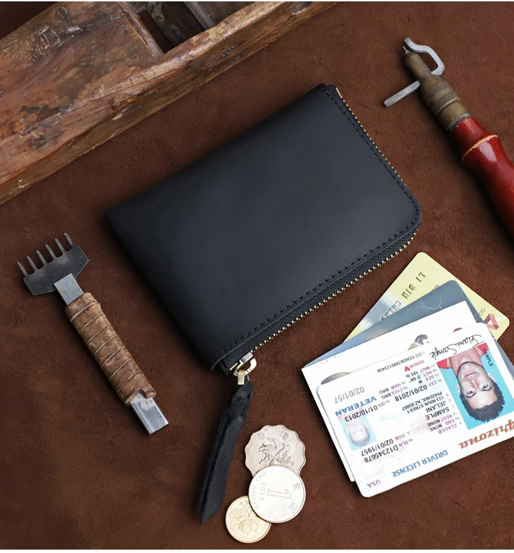 Men's Coin Purse Handmade Genuine Leather Card Wallet Credit Card Holder Retro Leather Card Slot Short Wallet With Zipper Women