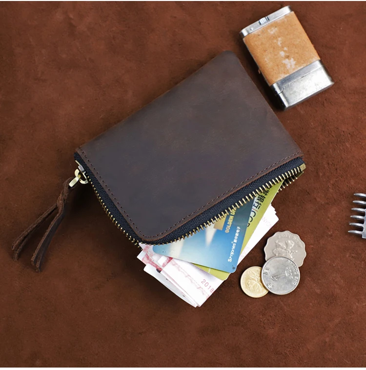 Men's Coin Purse Handmade Genuine Leather Card Wallet Credit Card Holder Retro Leather Card Slot Short Wallet With Zipper Women