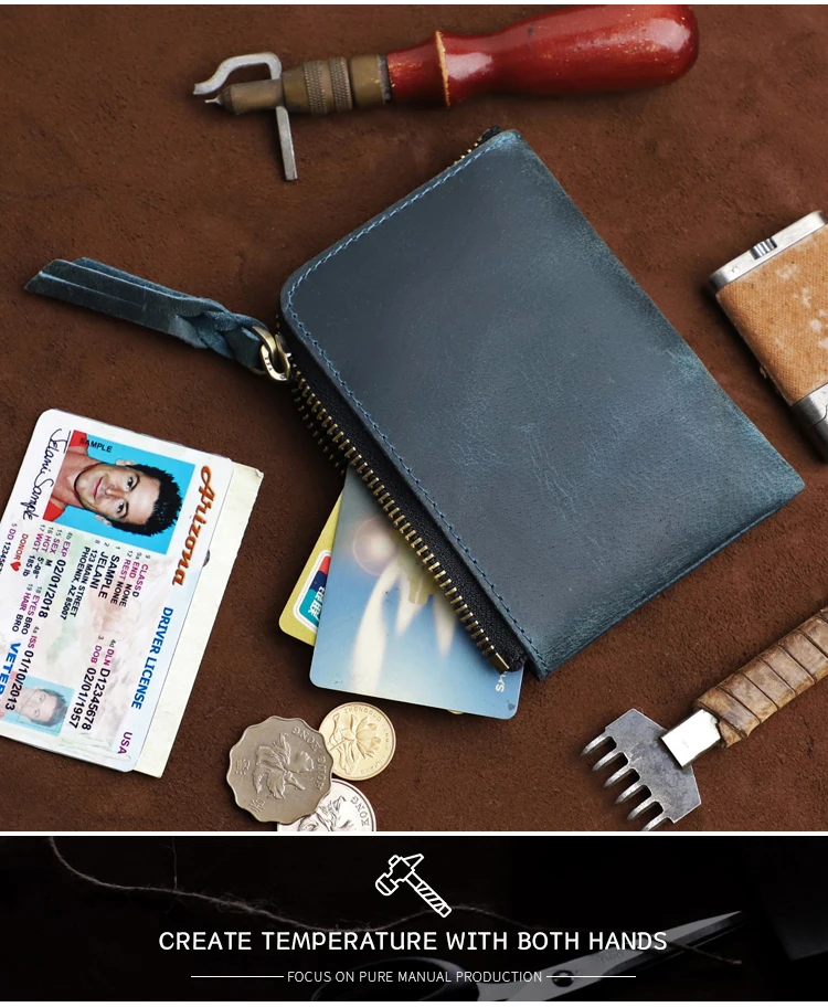 Men's Coin Purse Handmade Genuine Leather Card Wallet Credit Card Holder Retro Leather Card Slot Short Wallet With Zipper Women