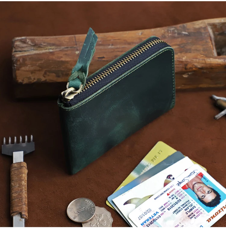Men's Coin Purse Handmade Genuine Leather Card Wallet Credit Card Holder Retro Leather Card Slot Short Wallet With Zipper Women