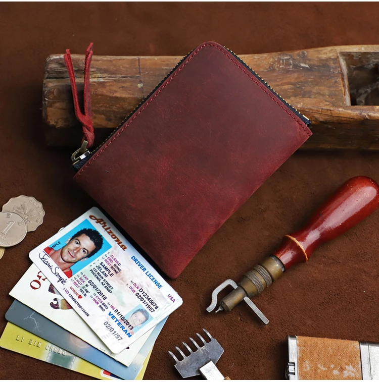 Men's Coin Purse Handmade Genuine Leather Card Wallet Credit Card Holder Retro Leather Card Slot Short Wallet With Zipper Women
