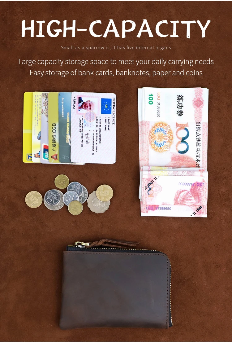 Men's Coin Purse Handmade Genuine Leather Card Wallet Credit Card Holder Retro Leather Card Slot Short Wallet With Zipper Women