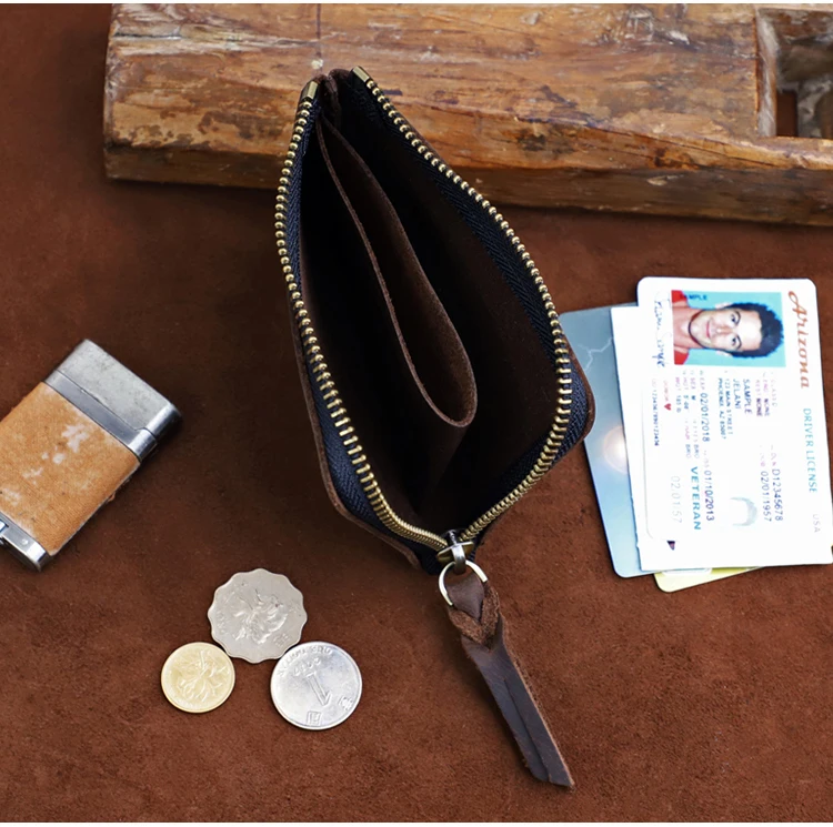 Men's Coin Purse Handmade Genuine Leather Card Wallet Credit Card Holder Retro Leather Card Slot Short Wallet With Zipper Women