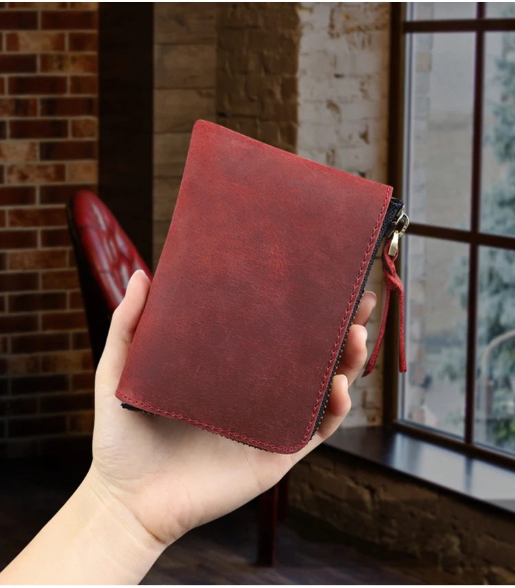 Men's Coin Purse Handmade Genuine Leather Card Wallet Credit Card Holder Retro Leather Card Slot Short Wallet With Zipper Women