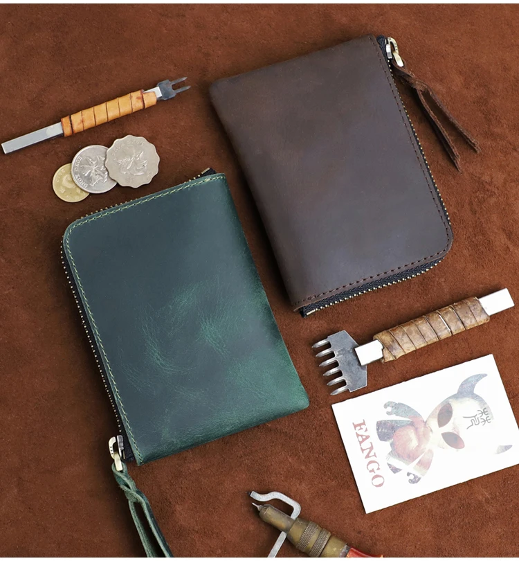 Men's Coin Purse Handmade Genuine Leather Card Wallet Credit Card Holder Retro Leather Card Slot Short Wallet With Zipper Women