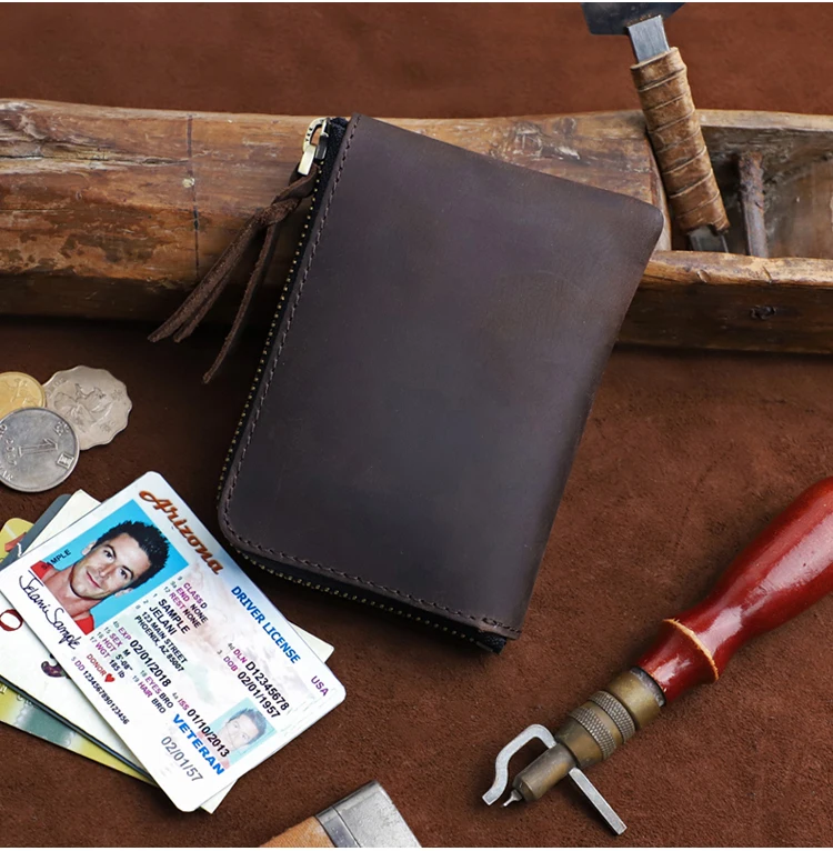 Men's Coin Purse Handmade Genuine Leather Card Wallet Credit Card Holder Retro Leather Card Slot Short Wallet With Zipper Women