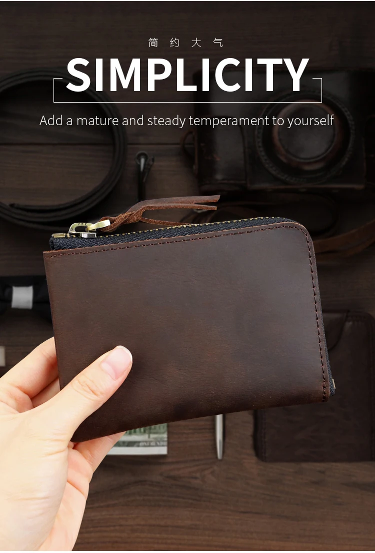 Men's Coin Purse Handmade Genuine Leather Card Wallet Credit Card Holder Retro Leather Card Slot Short Wallet With Zipper Women