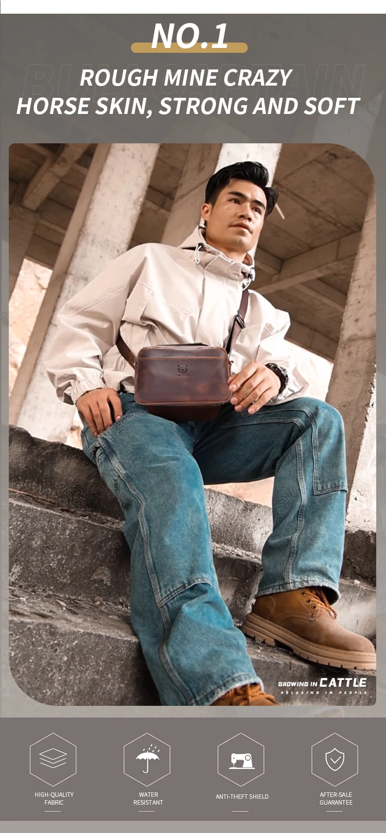 BULLCAPTAIN Men's Genuine Leather Shoulder Bag Retro Large Capacity Travel Bag Crazy Horse Leather High Quality Crossbody Bag