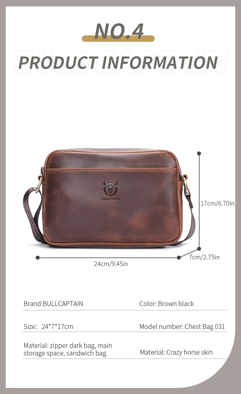 BULLCAPTAIN Men's Genuine Leather Shoulder Bag Retro Large Capacity Travel Bag Crazy Horse Leather High Quality Crossbody Bag