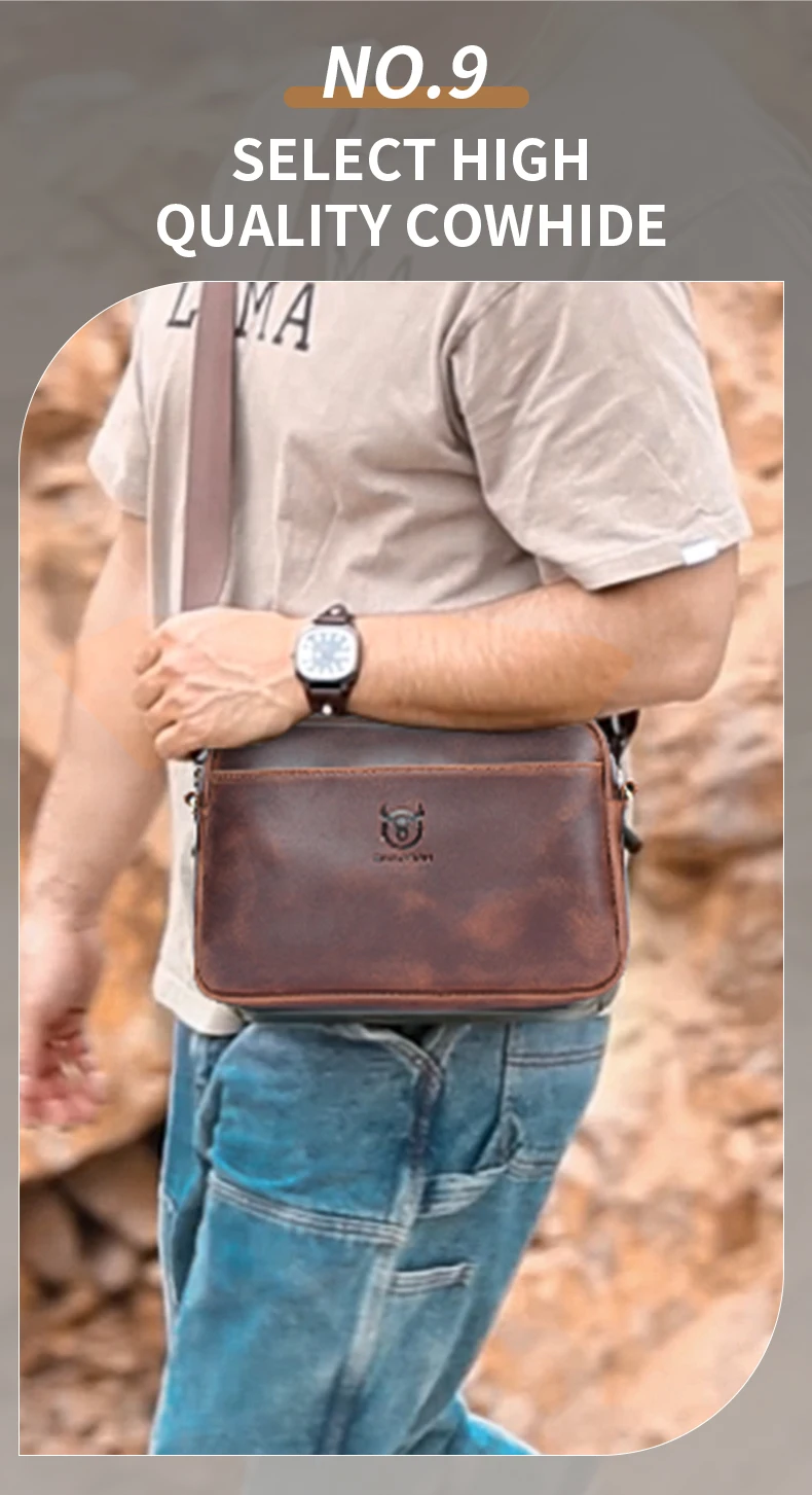 BULLCAPTAIN Men's Genuine Leather Shoulder Bag Retro Large Capacity Travel Bag Crazy Horse Leather High Quality Crossbody Bag