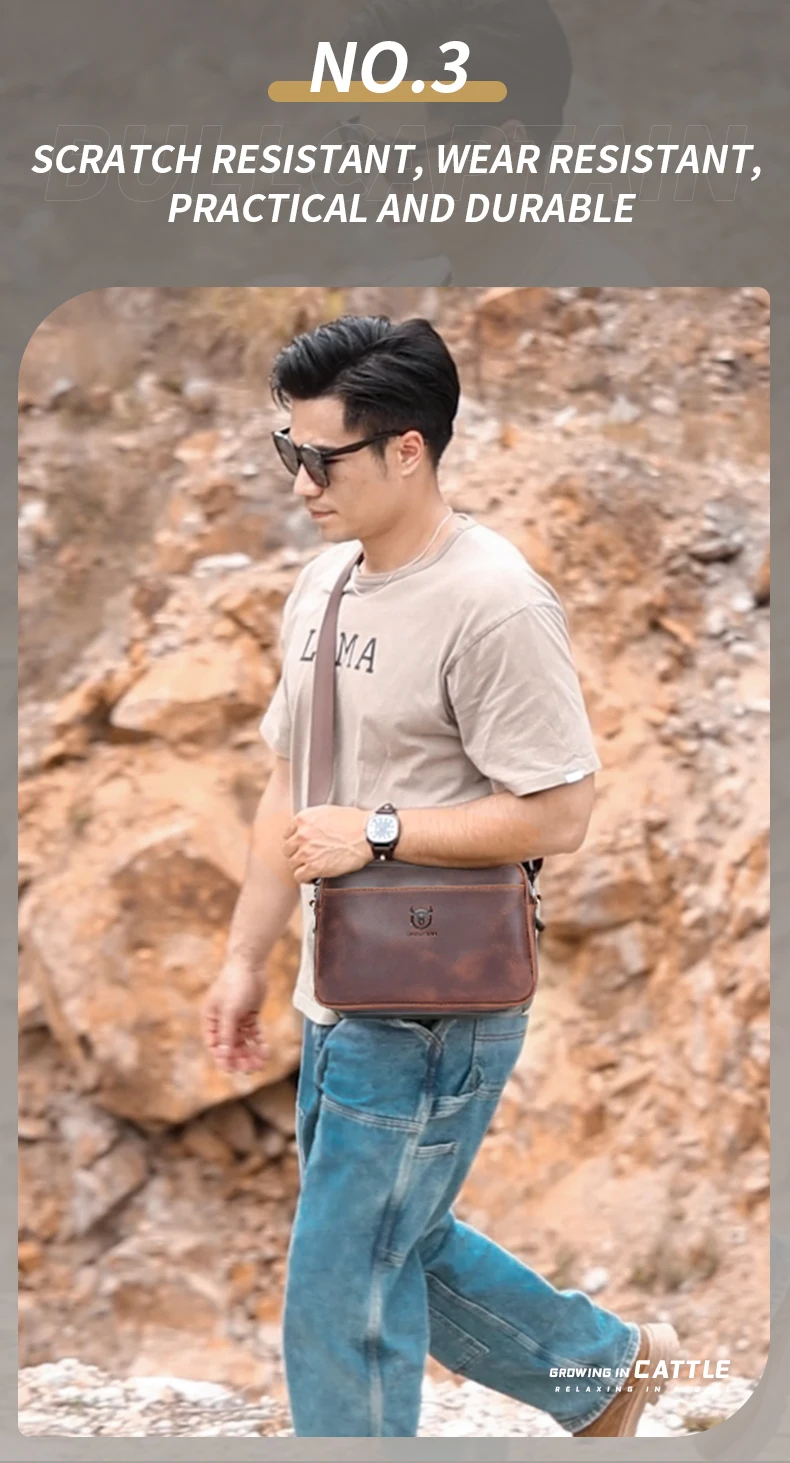 BULLCAPTAIN Men's Genuine Leather Shoulder Bag Retro Large Capacity Travel Bag Crazy Horse Leather High Quality Crossbody Bag