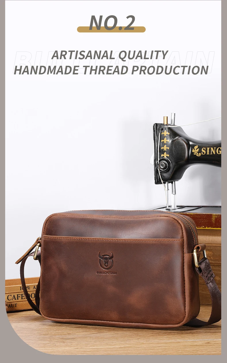 BULLCAPTAIN Men's Genuine Leather Shoulder Bag Retro Large Capacity Travel Bag Crazy Horse Leather High Quality Crossbody Bag