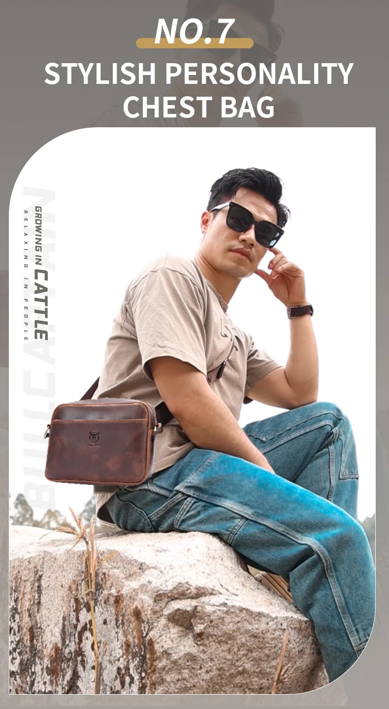 BULLCAPTAIN Men's Genuine Leather Shoulder Bag Retro Large Capacity Travel Bag Crazy Horse Leather High Quality Crossbody Bag