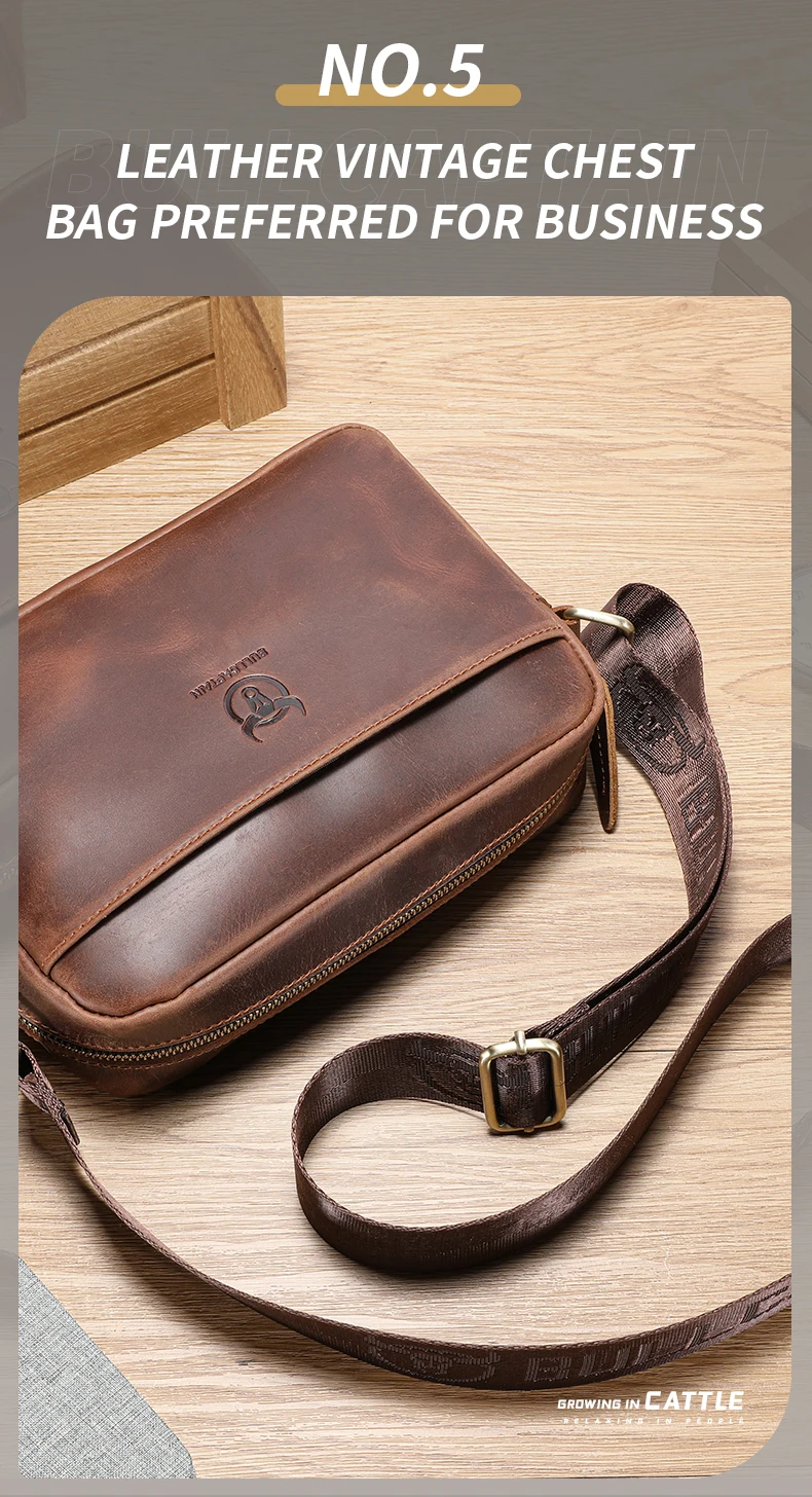 BULLCAPTAIN Men's Genuine Leather Shoulder Bag Retro Large Capacity Travel Bag Crazy Horse Leather High Quality Crossbody Bag