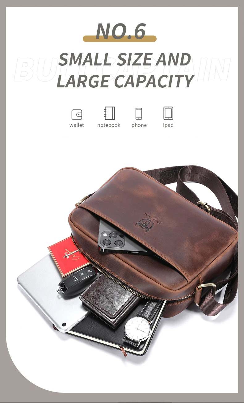 BULLCAPTAIN Men's Genuine Leather Shoulder Bag Retro Large Capacity Travel Bag Crazy Horse Leather High Quality Crossbody Bag