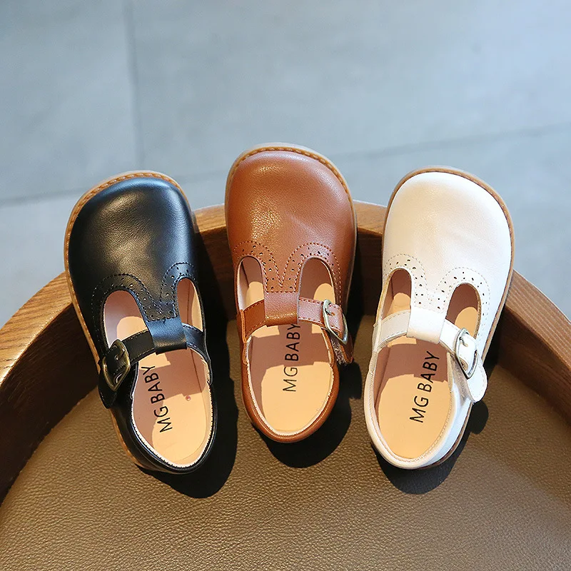Kids T Strap Leather Shoes Girls Princess Shoes Boys Breathable Flats Mary Janes Black Brown Child Baby Toddlers Spring Autumn