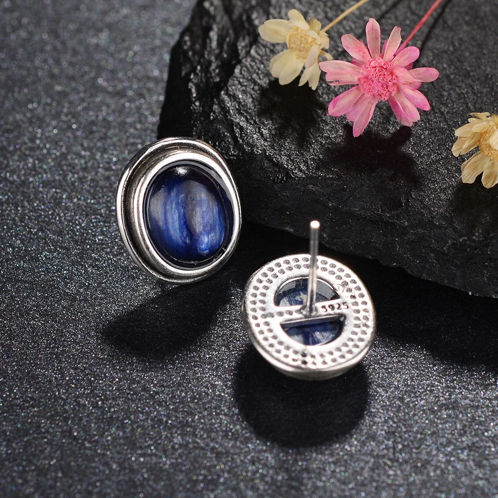 Natural 8x10MM Labradorite Stud Earring for Women Silver Plated Jewelry Simple Vintage Anniversary Party Birthday Gift