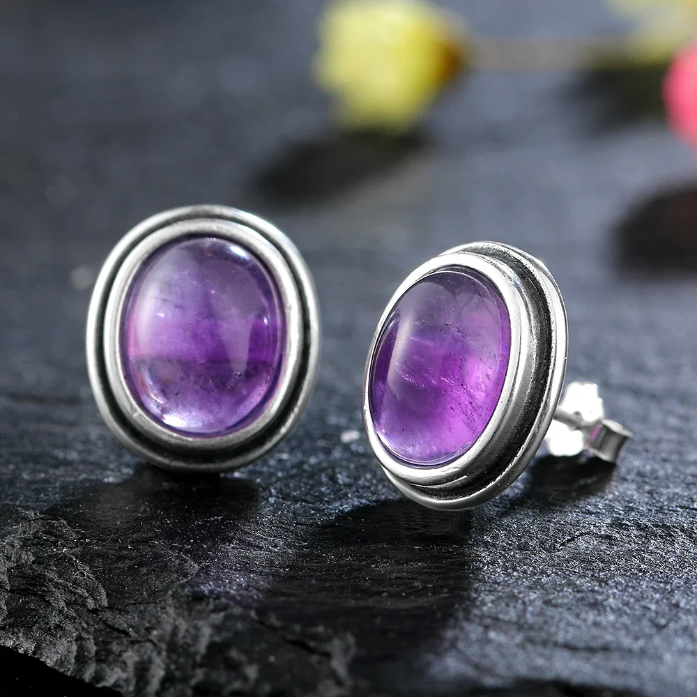 Natural 8x10MM Labradorite Stud Earring for Women Silver Plated Jewelry Simple Vintage Anniversary Party Birthday Gift