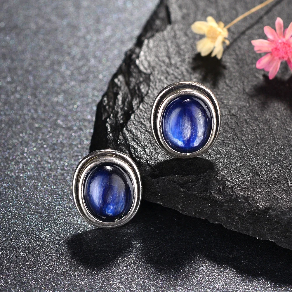 Natural 8x10MM Labradorite Stud Earring for Women Silver Plated Jewelry Simple Vintage Anniversary Party Birthday Gift