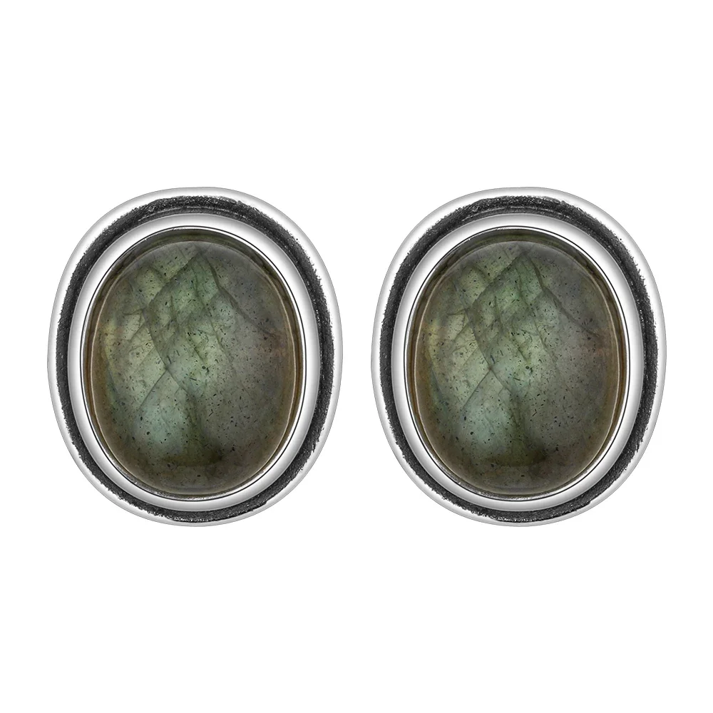Natural 8x10MM Labradorite Stud Earring for Women Silver Plated Jewelry Simple Vintage Anniversary Party Birthday Gift