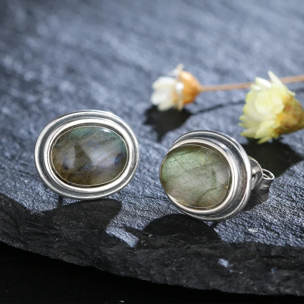 Natural 8x10MM Labradorite Stud Earring for Women Silver Plated Jewelry Simple Vintage Anniversary Party Birthday Gift