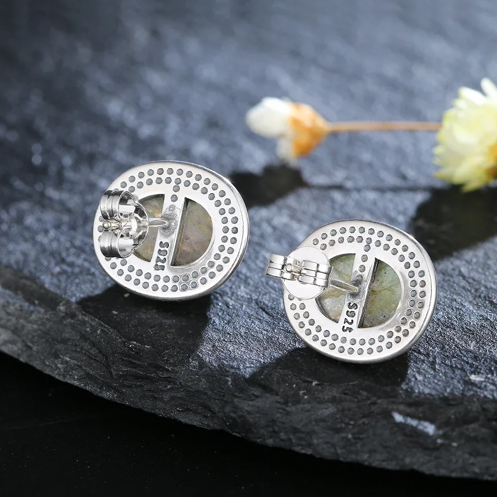 Natural 8x10MM Labradorite Stud Earring for Women Silver Plated Jewelry Simple Vintage Anniversary Party Birthday Gift