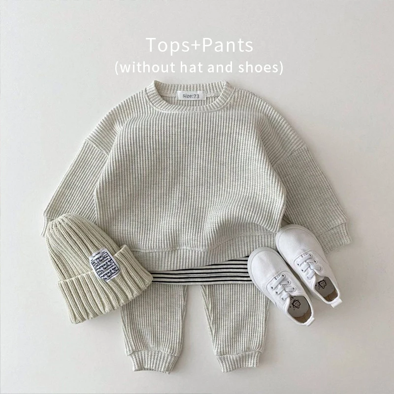 Korean Baby Clothing Sets Waffle Cotton Kids Boys Girls Clothes Spring Autumn Loose Tracksuit Pullovers Tops+Pants 2PCS Sets