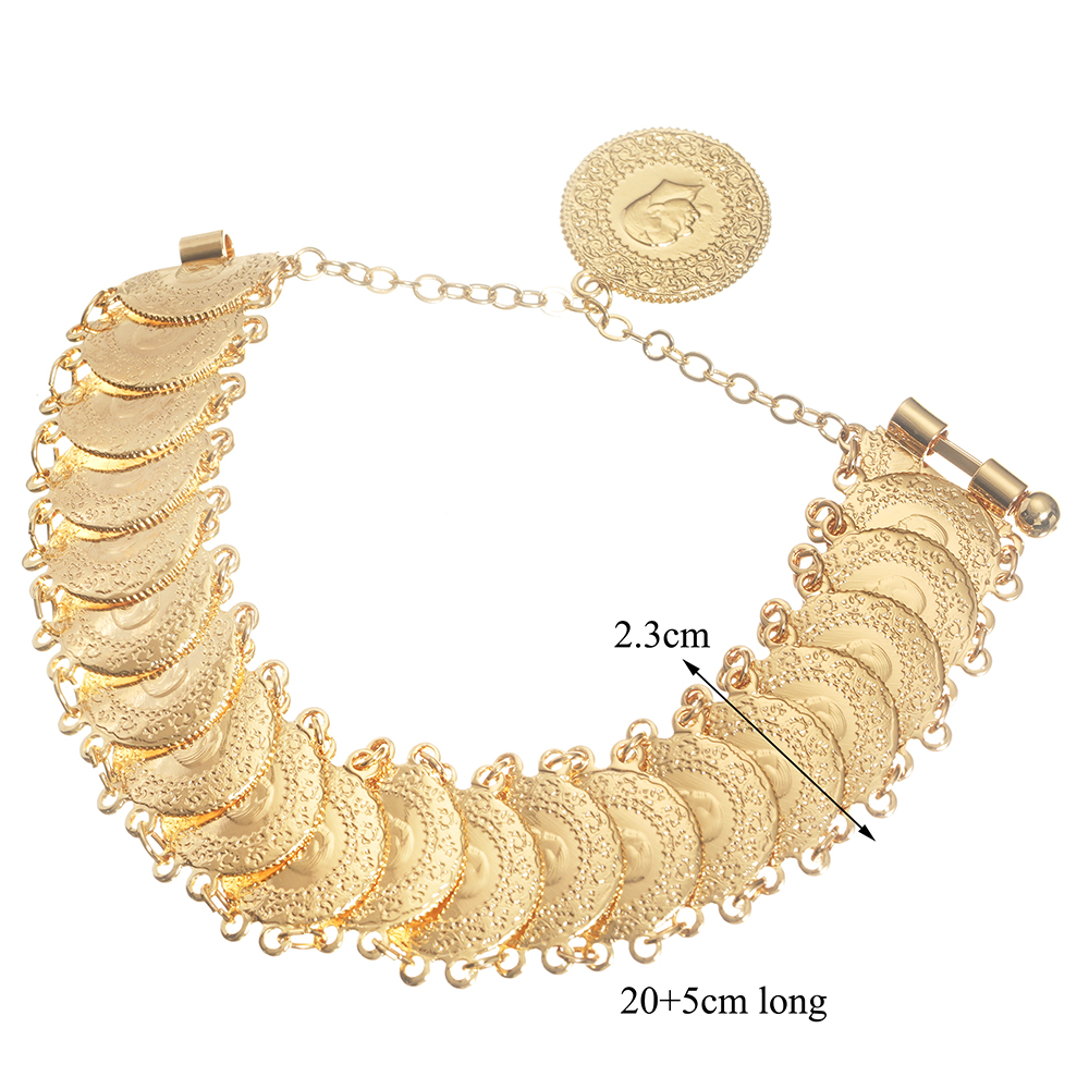 Luxury Gold Plated Ottoman Turkish Totem Chain Bracelet Coin Cuff Bangles for Bridal Ethnic Women's Jewelry Bijoux