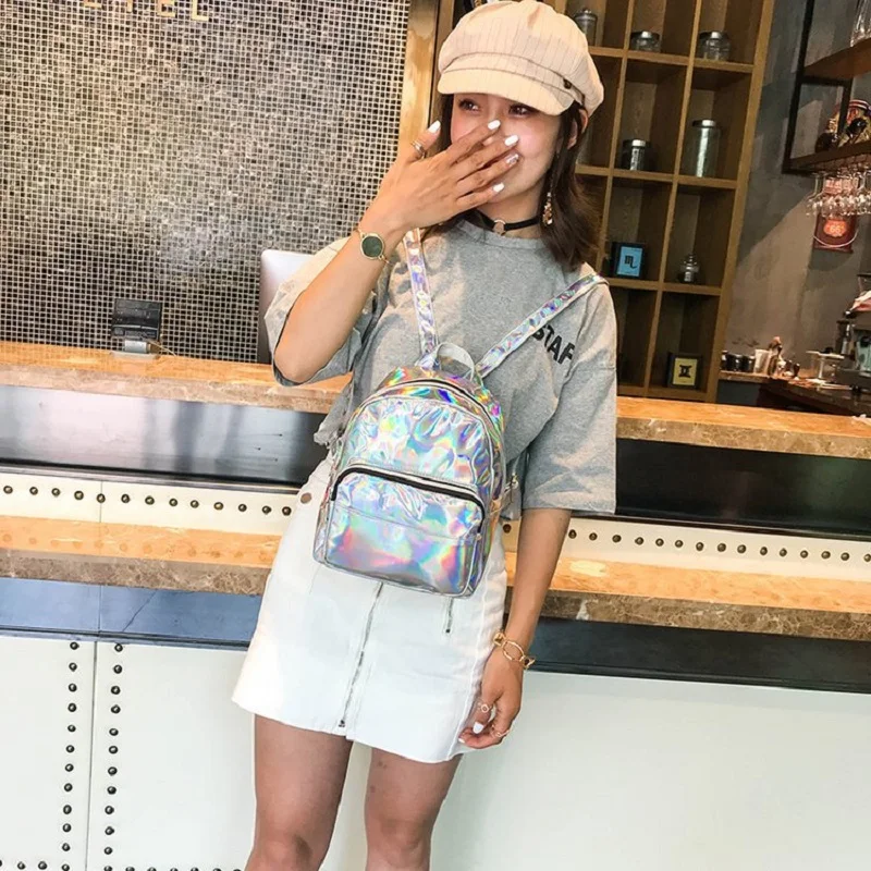 2025 Fashion Laser Backpack Preppy Style School Shiny Laser PU Leather Women Girls Bag Silver Waterproof Holographic Backpack