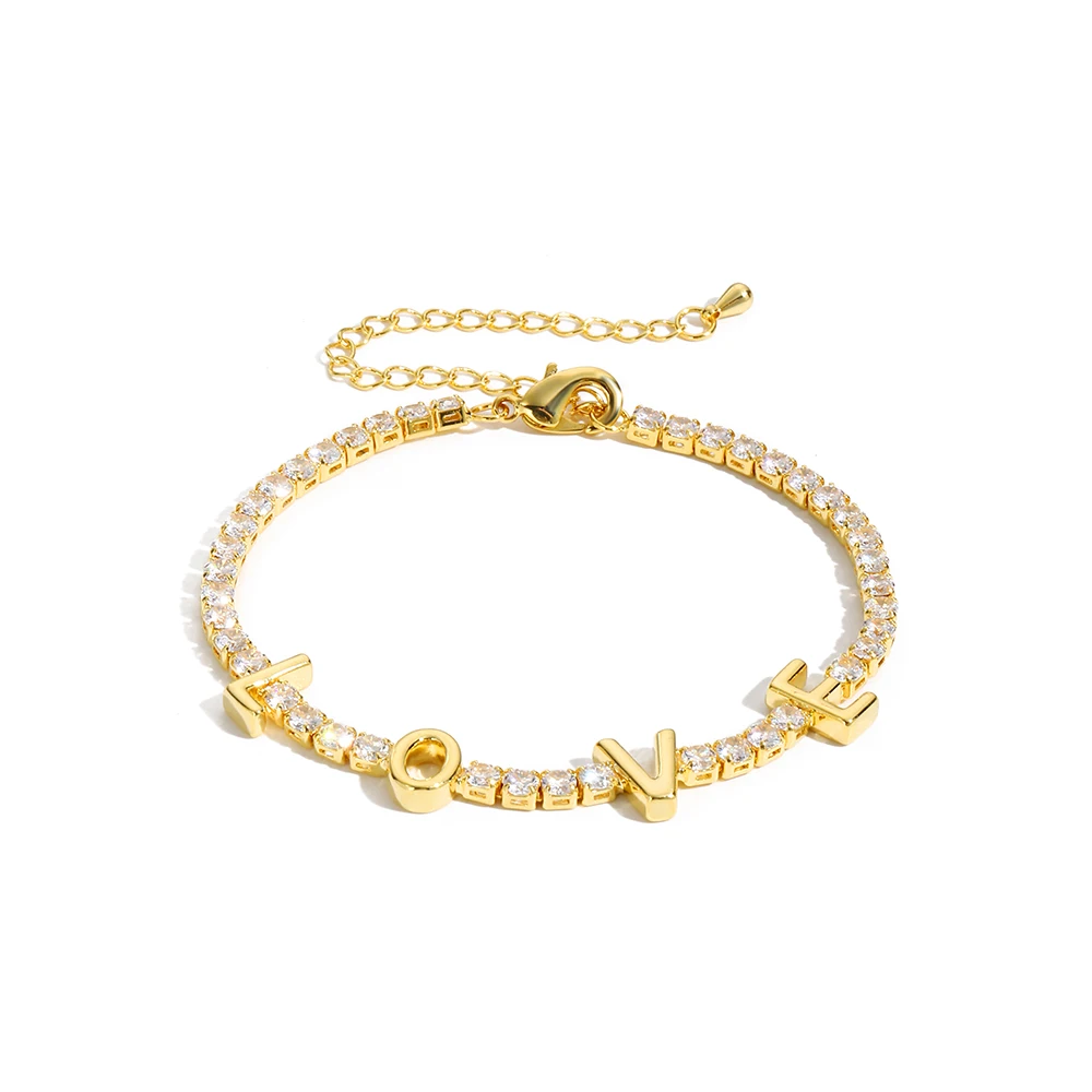 Letter Micro Pave Cubic Zircon Tennis Chain Love Necklaces for Women Crystal Gold Chokers Statement Jewelry