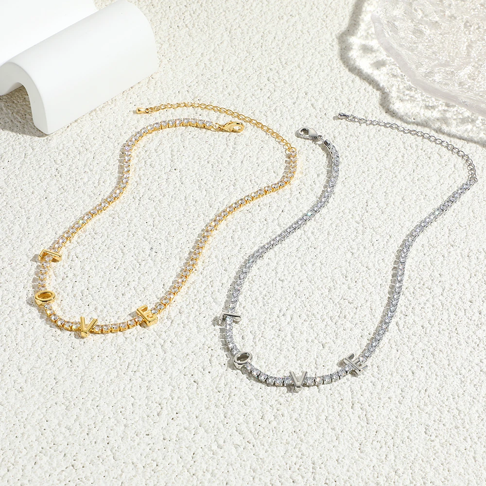 Letter Micro Pave Cubic Zircon Tennis Chain Love Necklaces for Women Crystal Gold Chokers Statement Jewelry