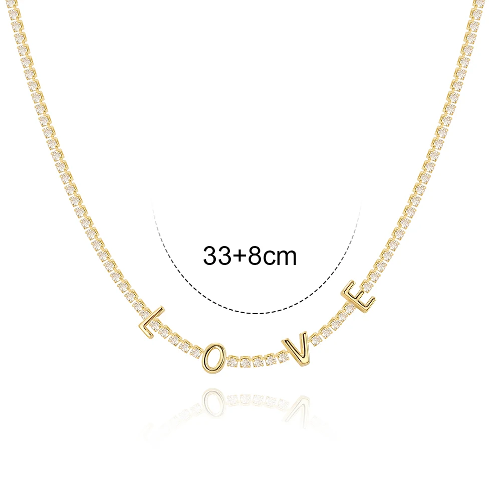Letter Micro Pave Cubic Zircon Tennis Chain Love Necklaces for Women Crystal Gold Chokers Statement Jewelry