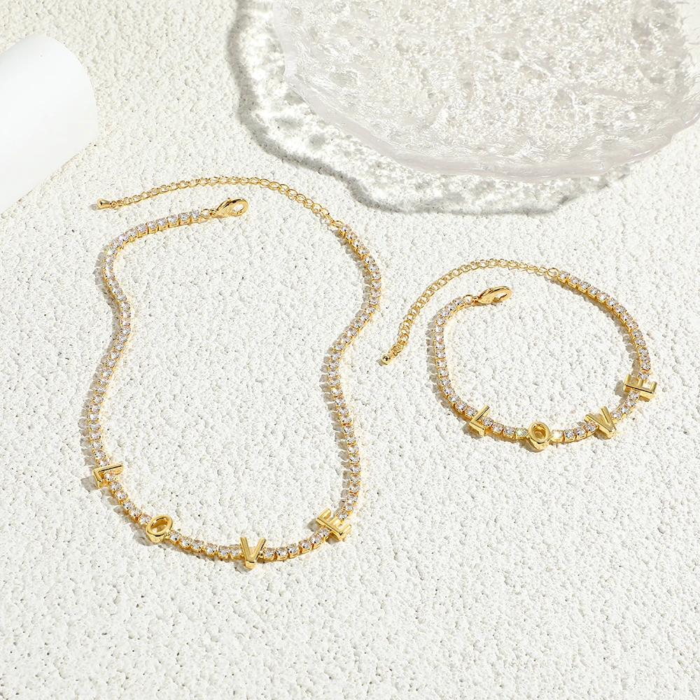 Letter Micro Pave Cubic Zircon Tennis Chain Love Necklaces for Women Crystal Gold Chokers Statement Jewelry