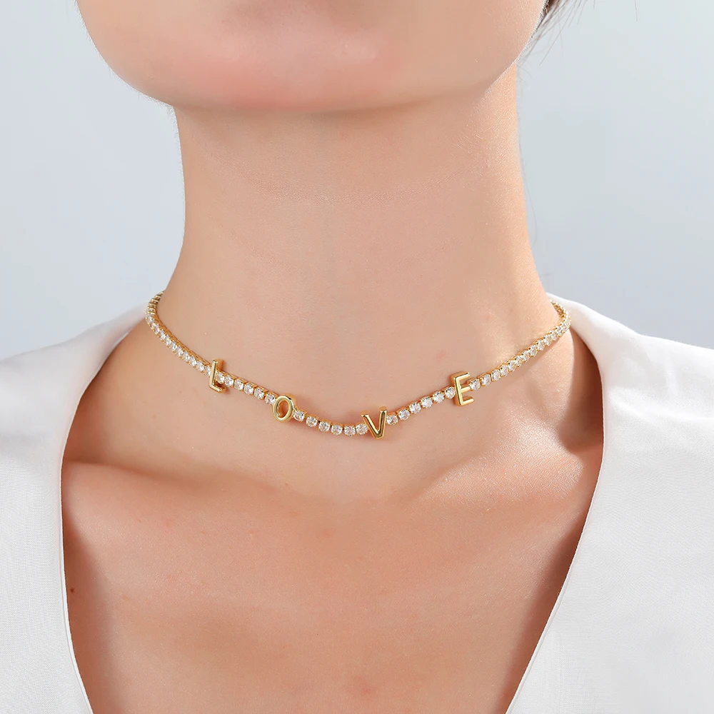 Letter Micro Pave Cubic Zircon Tennis Chain Love Necklaces for Women Crystal Gold Chokers Statement Jewelry