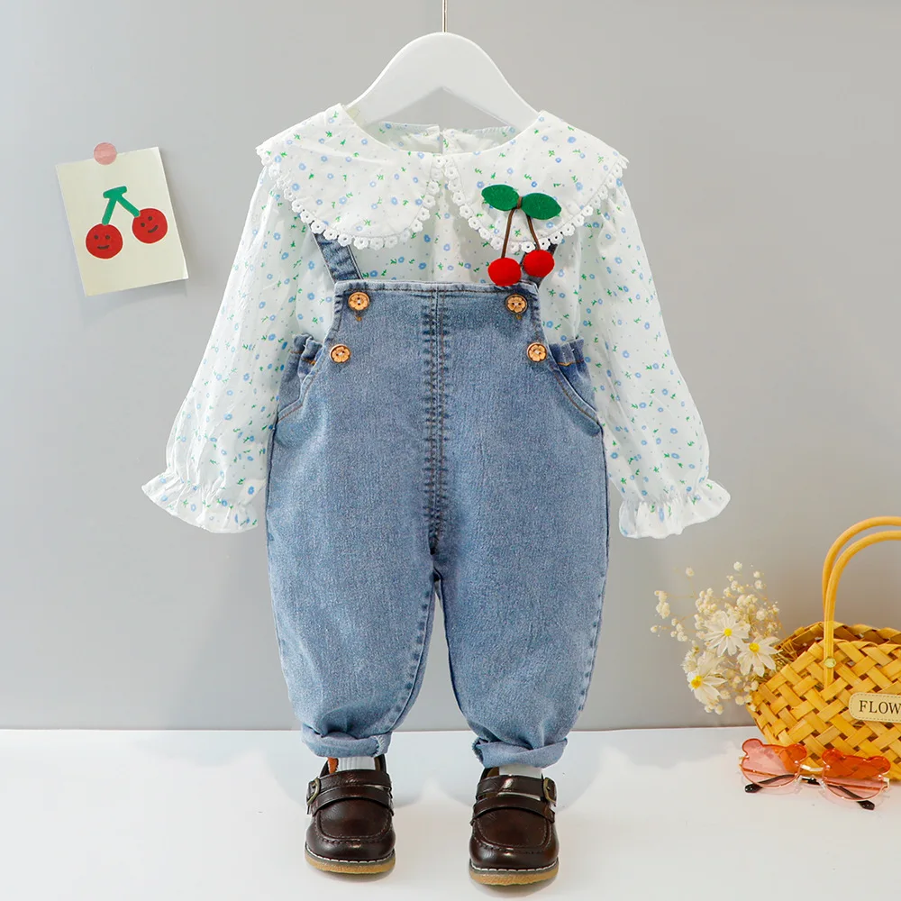 Spring newborn baby girls clothes outfit set floral shirt denim overalls suit for baby girl clothing 1 year infant birthday sets