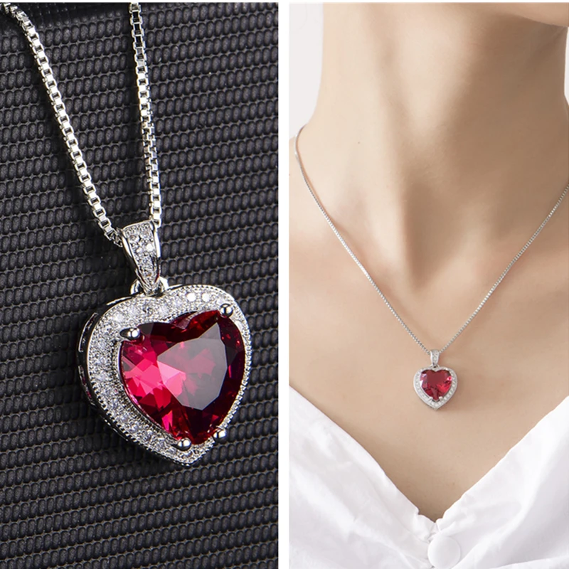 Bright Crystal Red Heart Pendant Necklace For Lady Engagement Accessories Trendy 925 Silver Necklace Choker Women Jewelry Gift